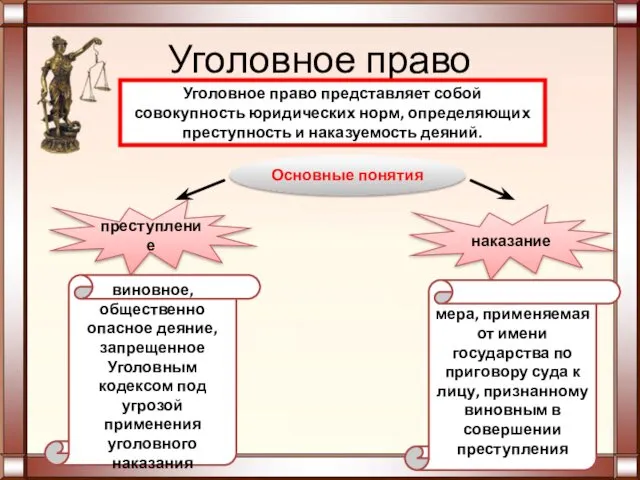 Уголовное право Уголовное право представляет собой совокупность юридических норм, определяющих преступность