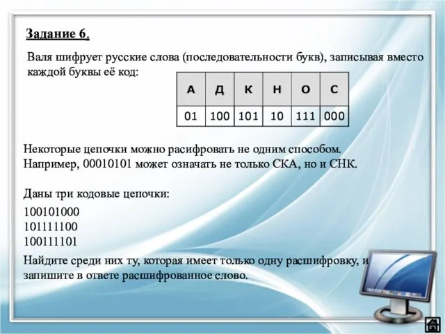 Задание 6. Валя шифрует русские слова (последовательности букв), записывая вместо каждой