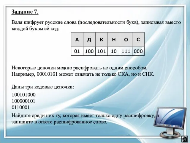 Задание 7. Валя шифрует русские слова (последовательности букв), записывая вместо каждой