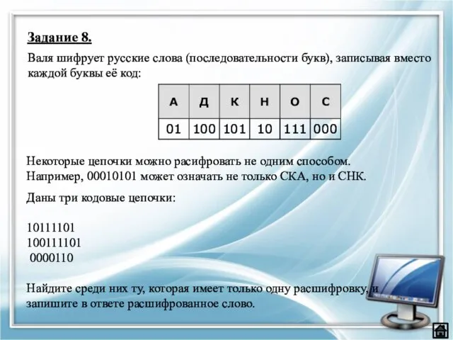 Задание 8. Валя шифрует русские слова (последовательности букв), записывая вместо каждой