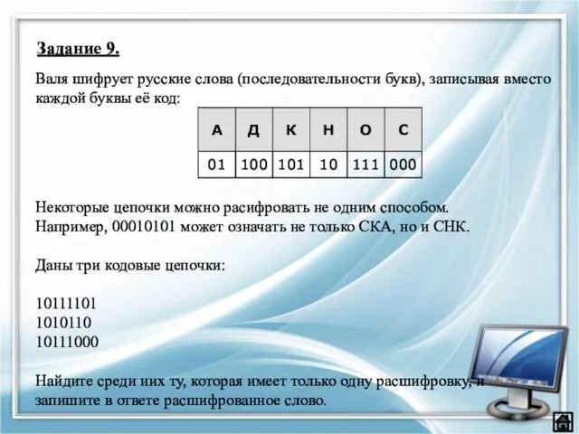 Задание 9. Валя шифрует русские слова (последовательности букв), записывая вместо каждой