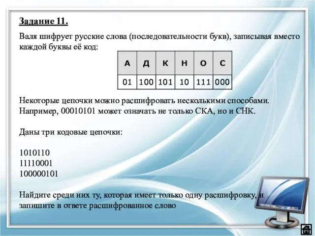 Задание 11. Валя шифрует русские слова (последовательности букв), записывая вместо каждой