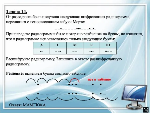 Задача 14. От разведчика была получена следующая шифрованная радиограмма, переданная с