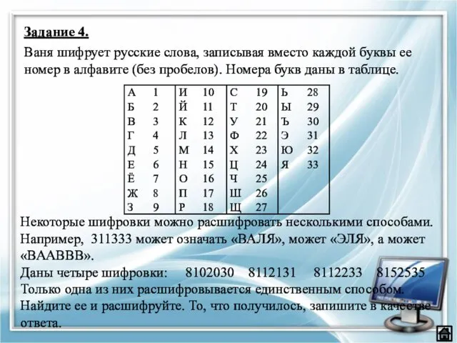 Некоторые шифровки можно расшифровать несколькими способами. Например, 311333 может означать «ВАЛЯ»,