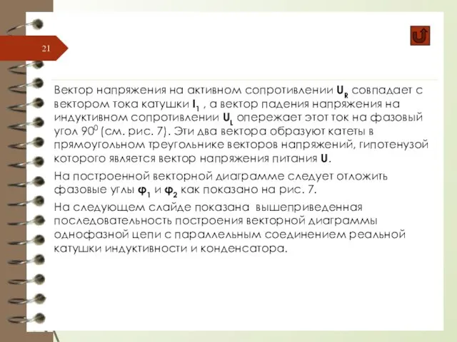 Вектор напряжения на активном сопротивлении UR совпадает с вектором тока катушки