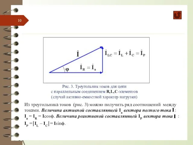 Рис. 3. Треугольник токов для цепи с параллельным соединением R,L,C-элементов (случай