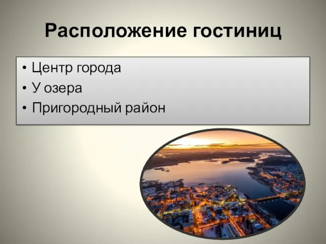 Расположение гостиниц Центр города У озера Пригородный район