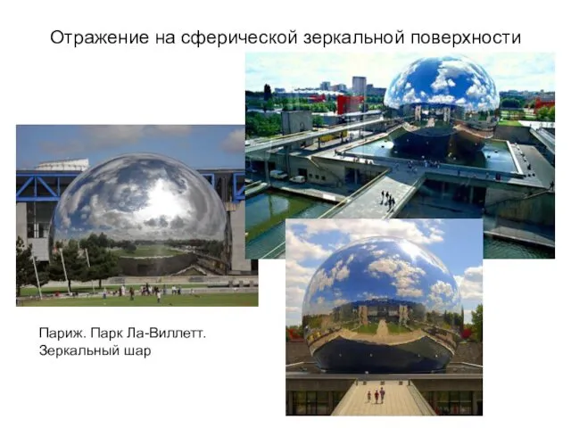 Отражение на сферической зеркальной поверхности Париж. Парк Ла-Виллетт. Зеркальный шар