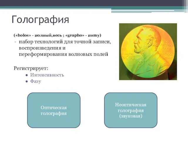 Голография («holos» - полный,весь ; «grapho» - пишу) набор технологий для