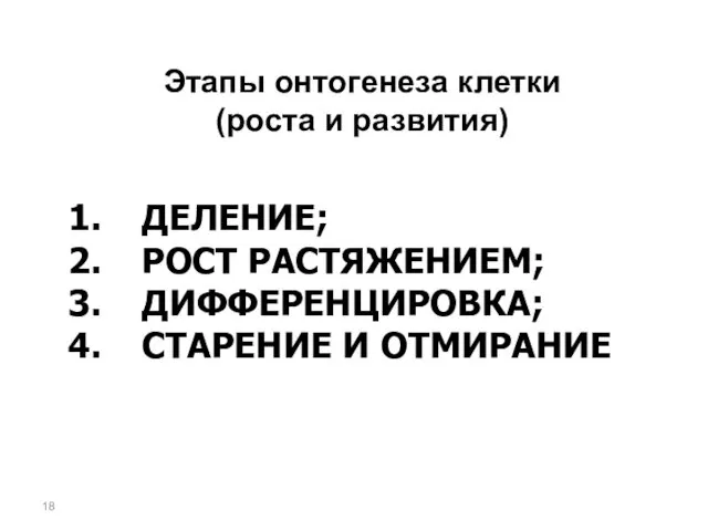 Этапы онтогенеза клетки (роста и развития) ДЕЛЕНИЕ; РОСТ РАСТЯЖЕНИЕМ; ДИФФЕРЕНЦИРОВКА; СТАРЕНИЕ И ОТМИРАНИЕ