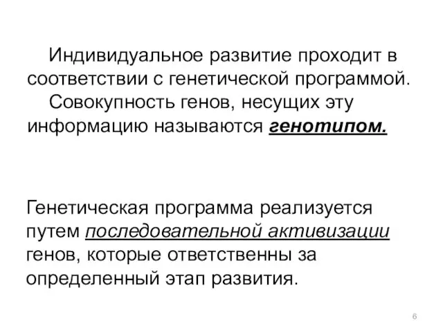 Индивидуальное развитие проходит в соответствии с генетической программой. Совокупность генов, несущих