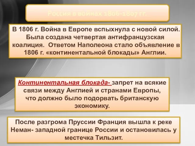 В 1806 г. Война в Европе вспыхнула с новой силой. Была