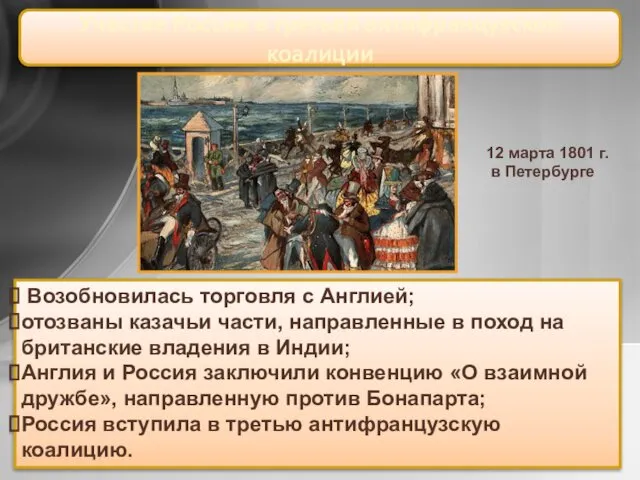 Участие России в третьей антифранцузской коалиции Возобновилась торговля с Англией; отозваны