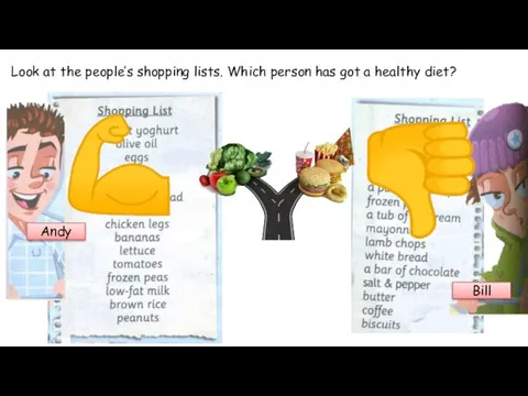 Look at the people’s shopping lists. Which person has got a healthy diet? Andy Bill