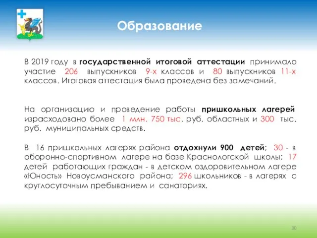 Образование В 2019 году в государственной итоговой аттестации принимало участие 206