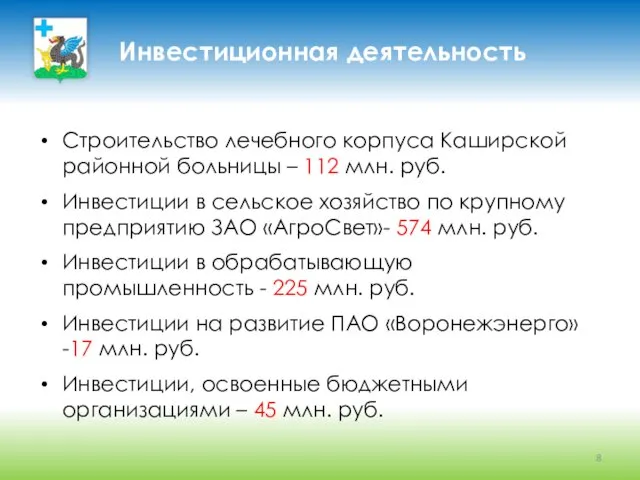 Инвестиционная деятельность Строительство лечебного корпуса Каширской районной больницы – 112 млн.