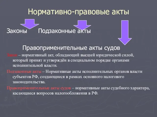 Нормативно-правовые акты Законы Подзаконные акты Правоприменительные акты судов Закон – нормативный