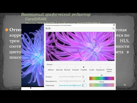 Оттенок/Насыщенность/Осветление (Цветовая коррекция по модели HLS). Регулировки выполняются по трем управляющим