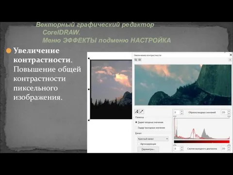 Увеличение контрастности. Повышение общей контрастности пиксельного изображения. Векторный графический редактор CorelDRAW. Меню ЭФФЕКТЫ подменю НАСТРОЙКА