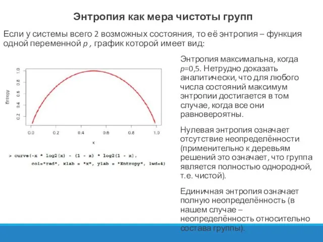 Энтропия как мера чистоты групп Если у системы всего 2 возможных