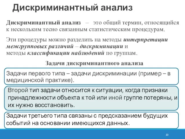 Дискриминантный анализ – это общий термин, относящийся к нескольким тесно связанным