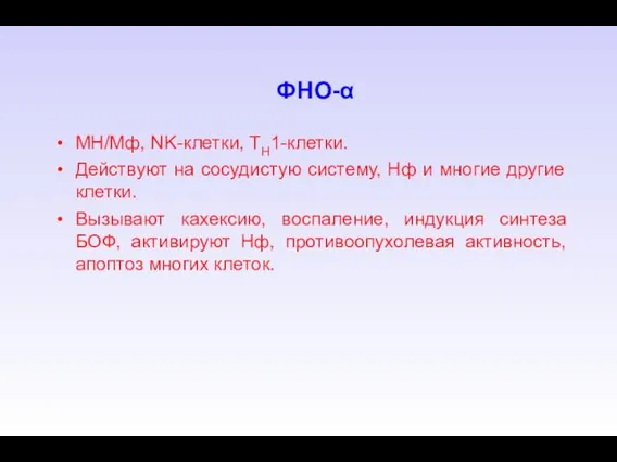 ФНО-α МН/Мф, NK-клетки, TH1-клетки. Действуют на сосудистую систему, Нф и многие