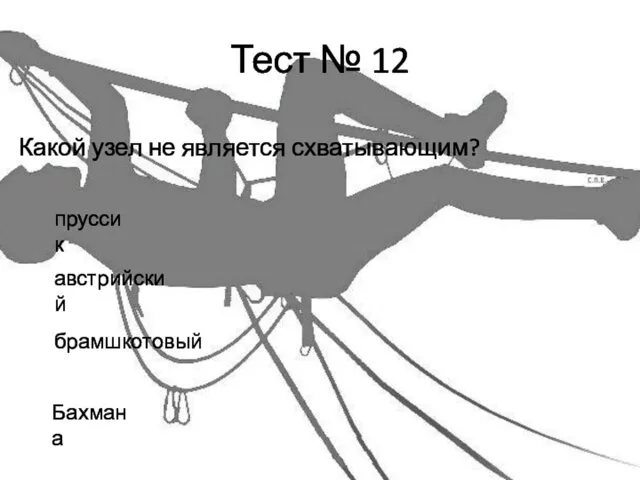 Тест № 12 Какой узел не является схватывающим? пруссик австрийский брамшкотовый Бахмана