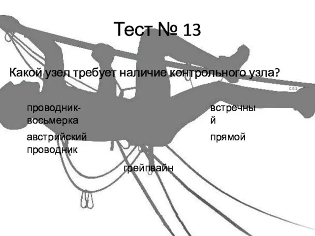 Тест № 13 Какой узел требует наличие контрольного узла? проводник-восьмерка австрийский проводник грейпвайн встречный прямой