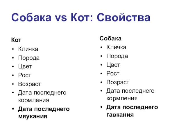 Собака vs Кот: Свойства Кот Кличка Порода Цвет Рост Возраст Дата