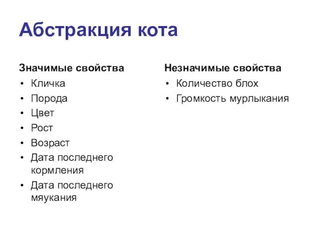 Абстракция кота Значимые свойства Кличка Порода Цвет Рост Возраст Дата последнего