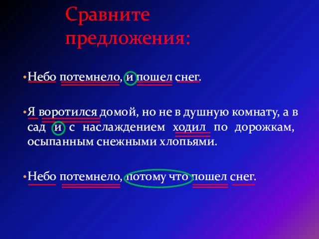 Сравните предложения: Небо потемнело, и пошел снег. Я воротился домой, но