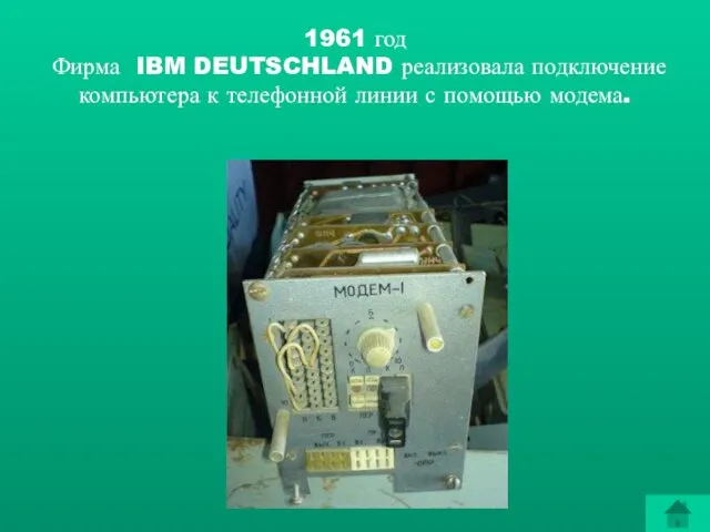 1961 год Фирма IBM DEUTSCHLAND реализовала подключение компьютера к телефонной линии с помощью модема.