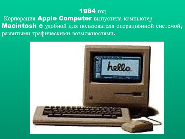 1984 год Корпорация Apple Computer выпустила компьютер Macintosh c удобной для
