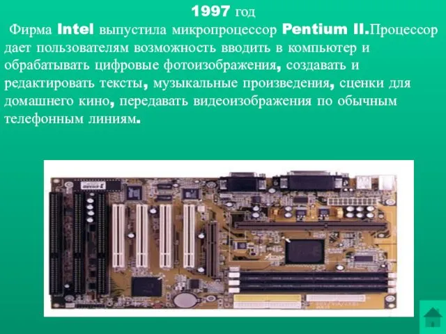 1997 год Фирма Intel выпустила микропроцессор Pentium II.Процессор дает пользователям возможность