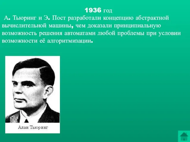 1936 год А. Тьюринг и Э. Пост разработали концепцию абстрактной вычислительной