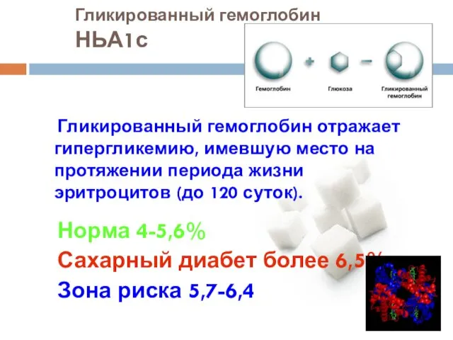 Гликированный гемоглобин НЬА1с Гликированный гемоглобин отражает гипергликемию, имевшую место на протяжении