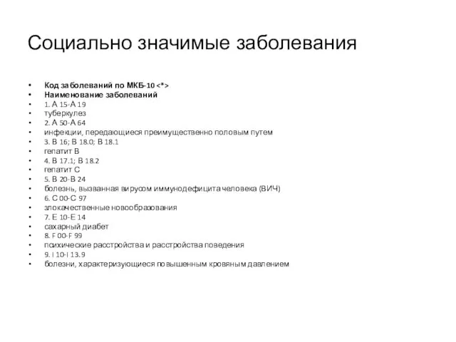 Социально значимые заболевания Код заболеваний по МКБ-10 Наименование заболеваний 1. А