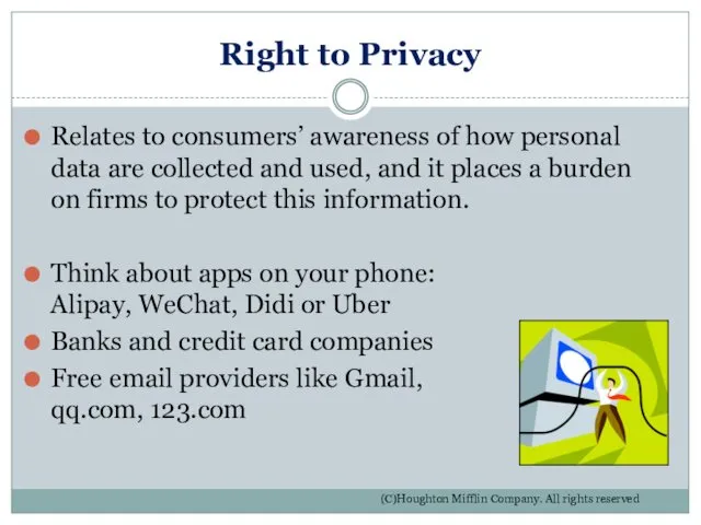 Right to Privacy Relates to consumers’ awareness of how personal data