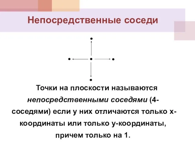 Точки на плоскости называются непосредственными соседями (4-соседями) если у них отличаются