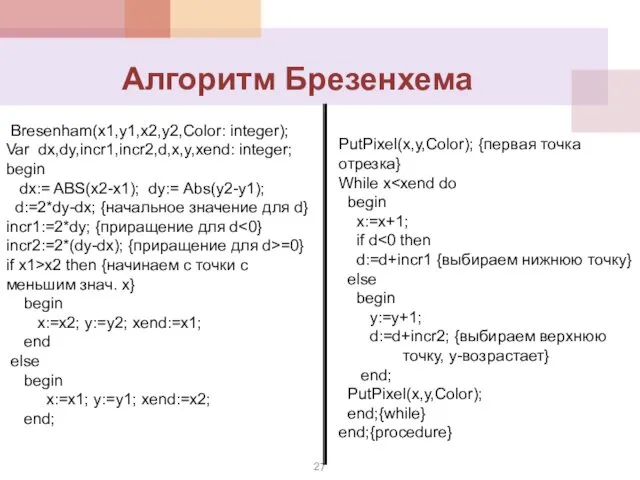 Алгоритм Брезенхема Bresenham(x1,y1,x2,y2,Color: integer); Var dx,dy,incr1,incr2,d,x,y,xend: integer; begin dx:= ABS(x2-x1); dy:=