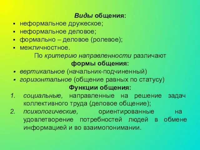 Виды общения: неформальное дружеское; неформальное деловое; формально – деловое (ролевое); межличностное.