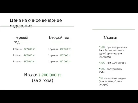 Первый год Второй год Цена на очное вечернее отделение 1 транш