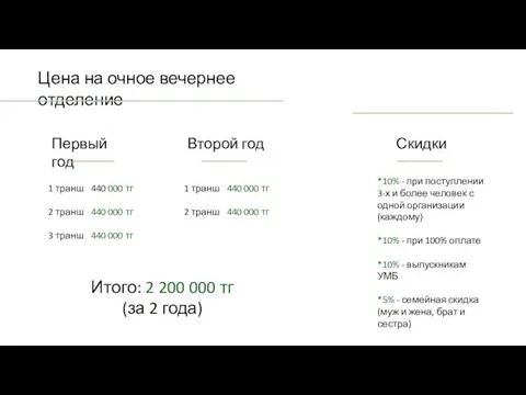 Первый год Второй год Цена на очное вечернее отделение 1 транш