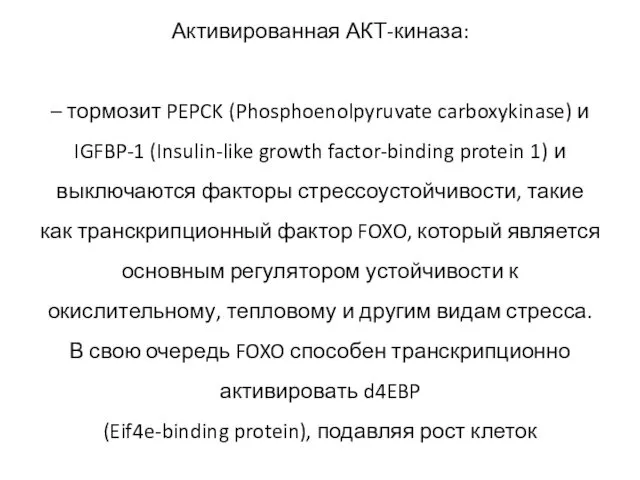Активированная АКТ-киназа: – тормозит PEPCK (Phosphoenolpyruvate carboxykinase) и IGFBP-1 (Insulin-like growth