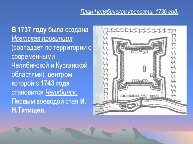 План Челябинской крепости. 1736 год. В 1737 году была создана Исетская