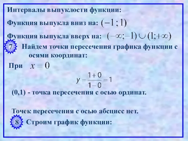 Интервалы выпуклости функции: Функция выпукла вниз на: Функция выпукла вверх на: