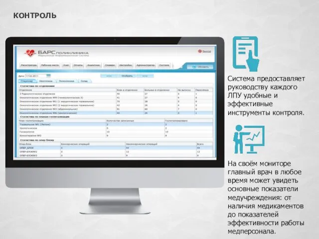 Система предоставляет руководству каждого ЛПУ удобные и эффективные инструменты контроля. На