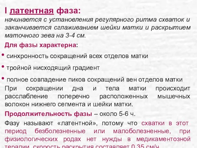 I латентная фаза: начинается с установления регулярного ритма схваток и заканчивается