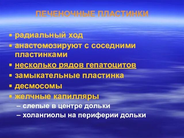 ПЕЧЕНОЧНЫЕ ПЛАСТИНКИ радиальный ход анастомозируют с соседними пластинками несколько рядов гепатоцитов