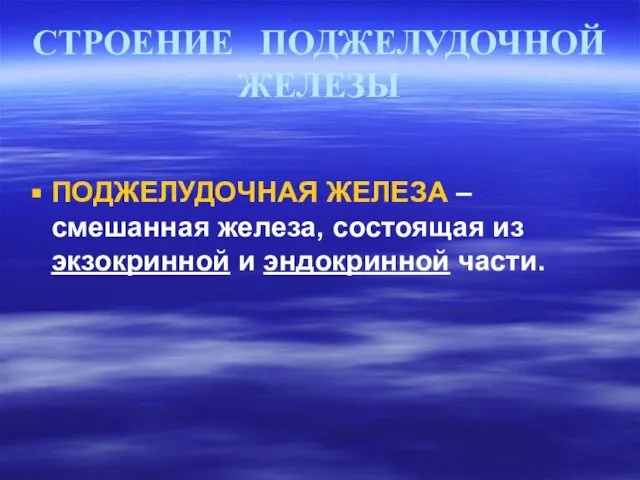 СТРОЕНИЕ ПОДЖЕЛУДОЧНОЙ ЖЕЛЕЗЫ ПОДЖЕЛУДОЧНАЯ ЖЕЛЕЗА – смешанная железа, состоящая из экзокринной и эндокринной части.